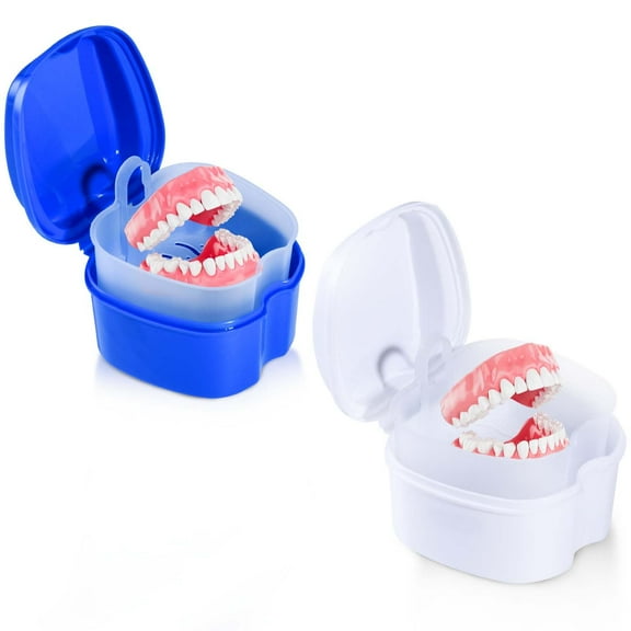 2 Pack Denture Bath Cup Case Box Holder Storage Soak Container with Strainer Basket for Travel False Teeth Cleaning