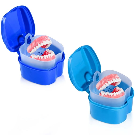 2 Pack Denture Bath Cup Case Box Holder Storage Soak Container with Strainer Basket for Travel False Teeth Cleaning