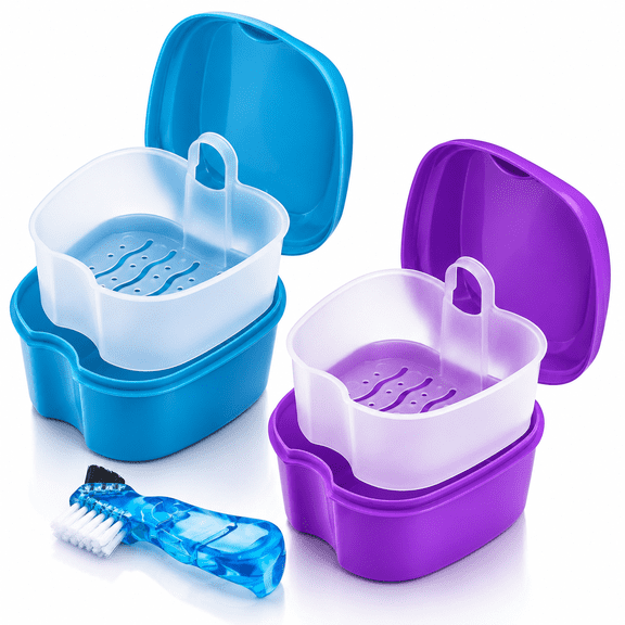 2 Pack Denture Case Dental Mouthguard Case,Denture Bath Box Cleaning with Brush,Strainer Basket and Lid Waterproof - Purple and Blue