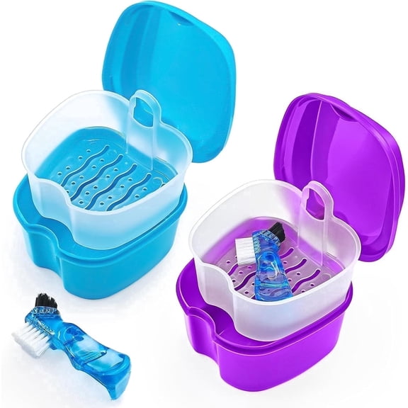 2 Pack Denture Case Dental Mouthguard Case, Denture Bath Box Cleaning with Brush, Strainer Basket and Lid Waterproof - Purple and Blue