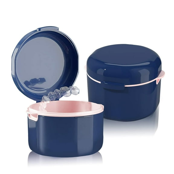 2 Pack Denture Cases with Strainer Basket, Denture Cup, Retainer Case, Denture Bath Box, False Teeth Container for Travel Cleaning, Blue