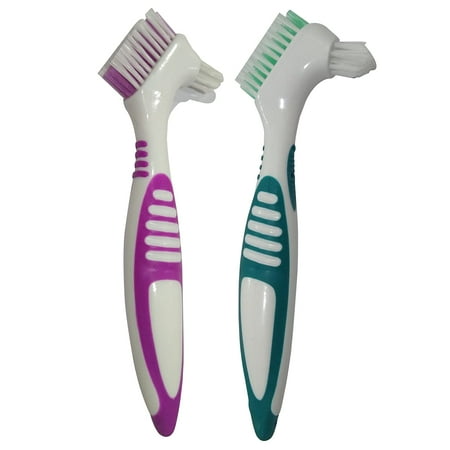 2-Pack Denture Cleaning Brush Set- Hygiene Denture Cleaner Set For Denture Care- Top Denture Cleanser Tool w/Multi-Layered Bristles & Ergonomic Rubber Handle (Green and Purple)