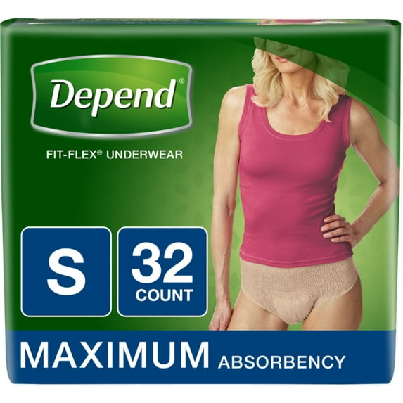 2 Pack - Depend FIT-FLEX Incontinence Underwear for Women, Maximum Absorbency, S, Tan 32 ea