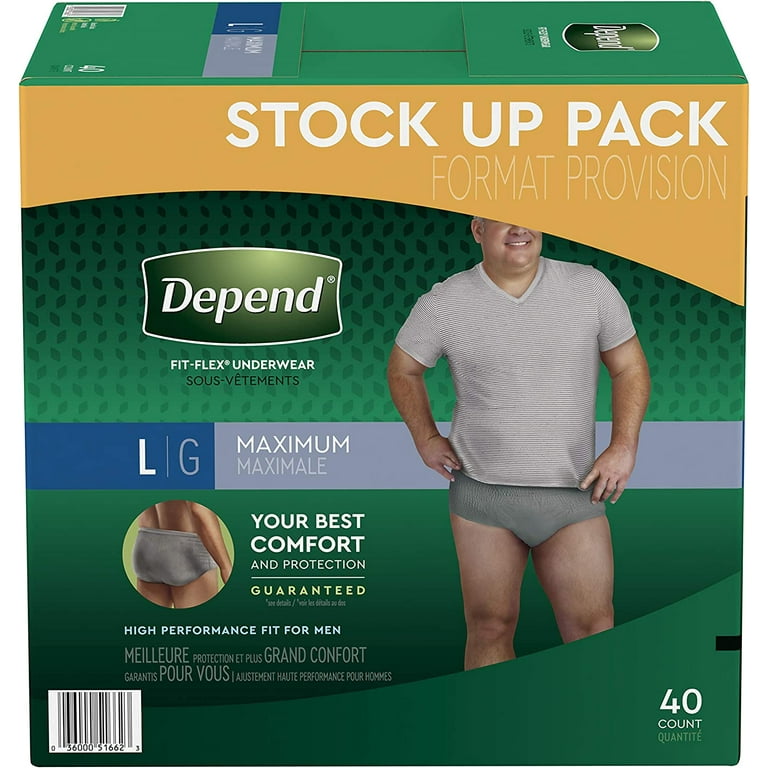 2 Pack Depend Fit-Flex Incontinence Underwear for Men Maximum Lg 40Ct (x2)  Gray 