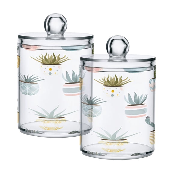 2 Pack Desert Plants in Pots Qtip Holder Dispenser Clear Plastic Storage Apothecary Jars for Cotton Swabs Balls Pads Floss