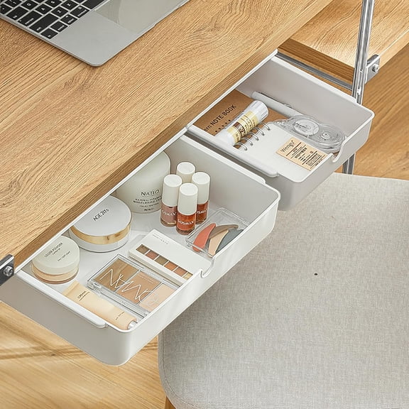 2 Pack Under Desk Drawer, Large & Medium Self-Adhesive Under Desk Organizer, Hidden Under Desk Storage Box Cosmetics Case Stick On Under Table Tray Holder for Cutlery, Office Supplies, Stationery