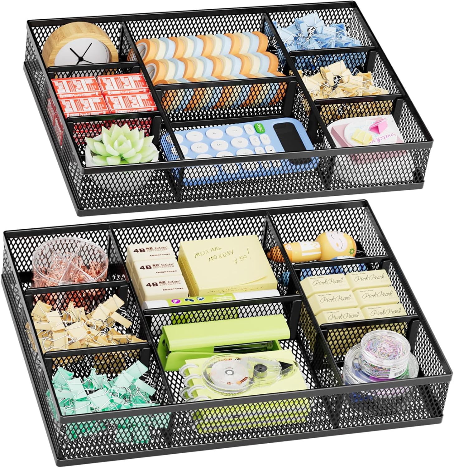2 Pack Desk Drawer Organizer, Mesh Drawer Organizer Tray with 8 Adjustable Compartments, Desk Organizers and Accessories, 5 Dividers Drawer for Office Supplies, Makeup & Vanity (Black)