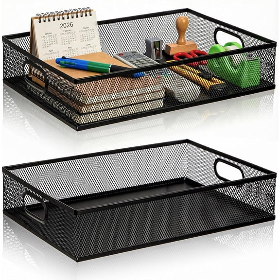 2 Pack Desk Drawer Organizer Tray, Metal Mesh Desktop Storage Tray Office File Organizer with Handle, Portable Large Storage Basket for Office Supplies, Craft, Magazine, Paper