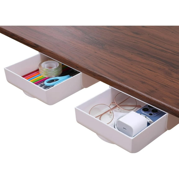 2 Pack Under Desk Drawer Self-Adhesive Desktop Storage Organizer, Hidden Attachable Slide Out Desk Drawer, Under Table Tray for Pencil Pen Stationery Office Organization, White
