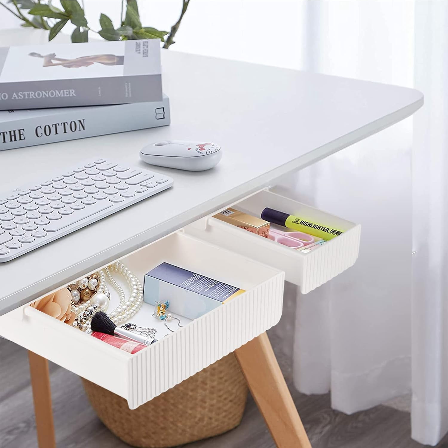 2 Pack Under Desk Drawer Storage, Under Desk Organizer, Hidden Self-Adhesive Desks Drawers Slide-out, Stick on Desks Drawer White, Under Mount Drawers for Office/Classroom/Home