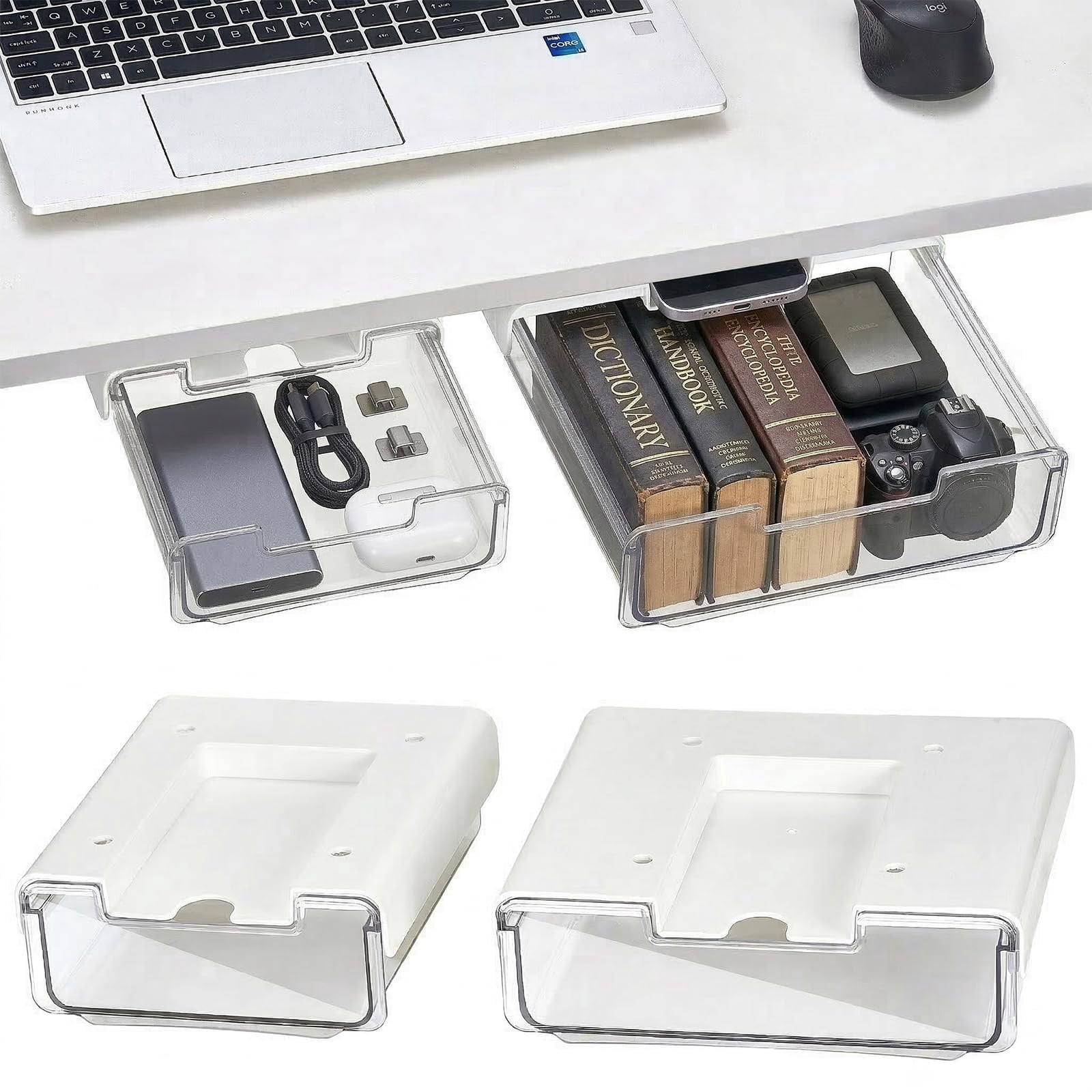 2 Pack Under Desk Hanging Drawer Slide Pull Out  Attachable Clear Storage Tray Easy Self Adhesive Mount Cabinet Shelf Holder For Tables Home & Office Counters Workstation