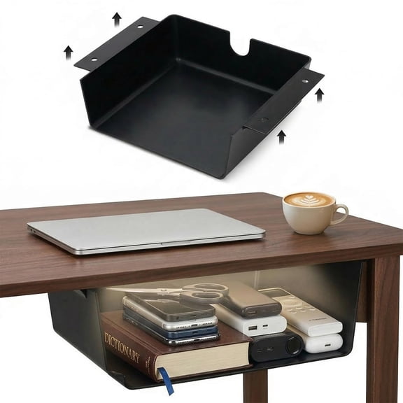 2 Pack Under Desk Hanging Shelf Drawer Organizer Attachable Plastic Storage Tray Easy Adhesive Mount Holder For Standing Tables Office Counters Cabinets Workstations - Black