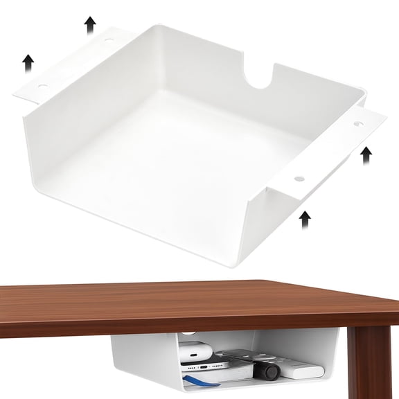 2 Pack Under Desk Hanging Shelf Drawer Organizer Attachable Plastic Storage Tray Easy Adhesive Mount Holder For Standing Tables Office Counters Cabinets Workstations - White