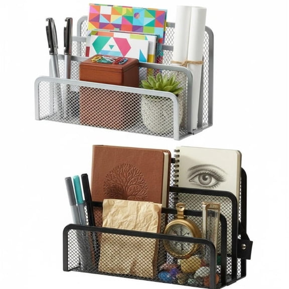 2-Pack Desk Mail Organizer (Black+Silver) - 6.8"x3.5"x5.1" Metal Mesh Letter Holder File Sorter for Home Office, Desktop Document Organizer