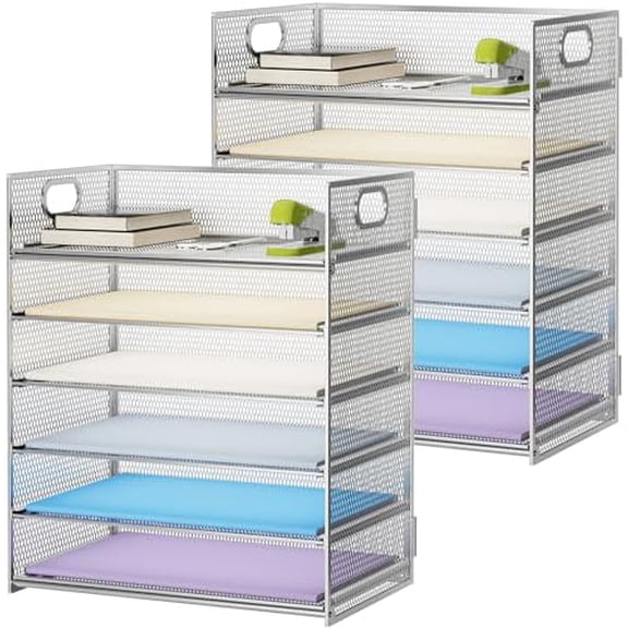 2 Pack Desk Organizer with Handle, 6 Tier Paper Letter Tray, Mesh Desk File Organizer for Office, School and Home - Silver