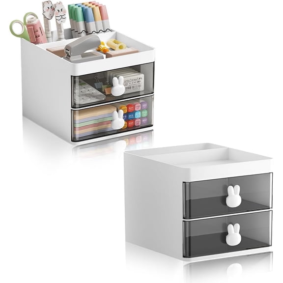 TIE-DailyNec 2 Pcs Multi-Functional Desktop Organizer with Drawers, Makeup and Desk Storage Box for Home Office, White