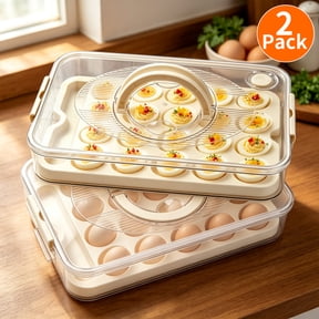2 Pack Deviled Egg Containers with Lid & Handle, Clear Plastic Carrier Tray for 40 Eggs, Stackable for Fridge & Countertop, Portable Dispenser for Party Picnics