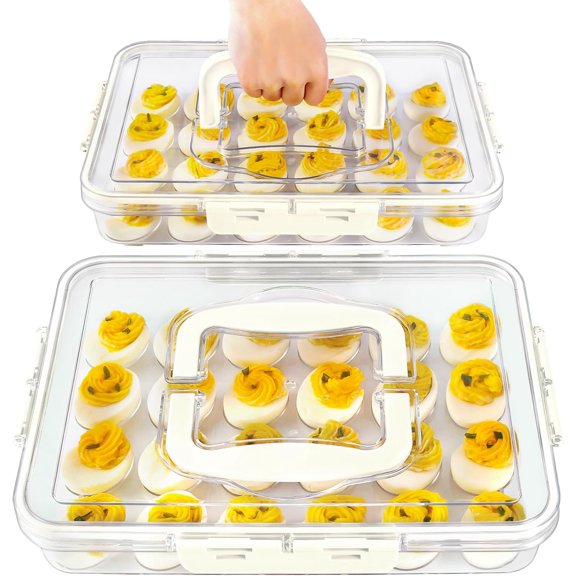 2 Pack Deviled Egg Containers with Lid and Handle, Durable Clear Plastic Carrier Storage 48 Eggs, Stackable Holder for Fridge, Portable Tray Platter Party & Picnics-White