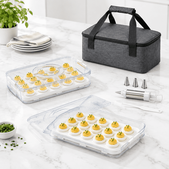 2 Pack Deviled Egg Containers With Lid, Piping Decorating Kit And Insulated Bag For Party And Fridge Storage