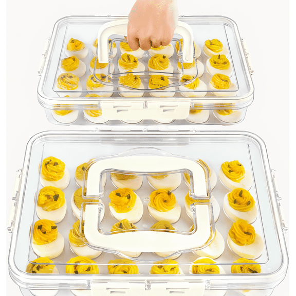 2 Pack Deviled Egg Containers with Lid and Handle, Clear Plastic Stackable Tray, 48 Egg Capacity, White
