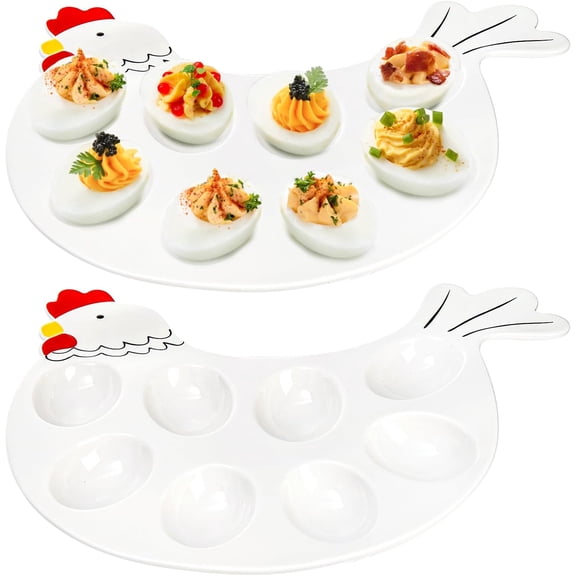 2 Pack Deviled Egg Platter Tray, Ceramic Hen Modelling 8-Cup Egg Dish, Easter Egg Tray, Deviled Egg Plate for Kitchen Refrigerator Countertop Display