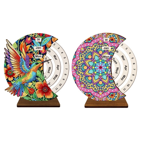 2-Pack DIY Diamond Art Perpetual Desk Calendar, Wooden Rotating Calendar with Mandala+ Bird Patterns, Crystal Rhinestone Craft Painting Ornament Kit for Office Home Decor and Holiday Gifts