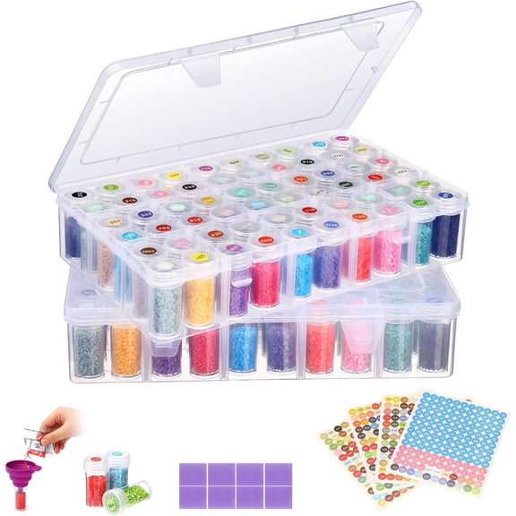 2 Pack Diamond Art Storage Containers Set, Grids Bead Organizer Box with Diamond Painting Accessories Labels for Jewelry Art DIY Dot Craft Bead Storage