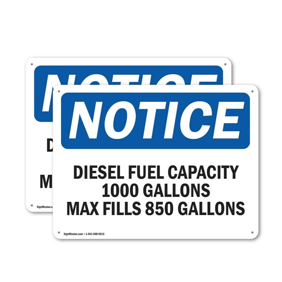(2 Pack) Diesel Fuel Capacity 1000 Gallons Max Fill OSHA Notice Sign 10 Inch X 7 Inch Plastic Sign, Weather Resistant, UV Protected for Workplace, Business, and Construction Site, Made