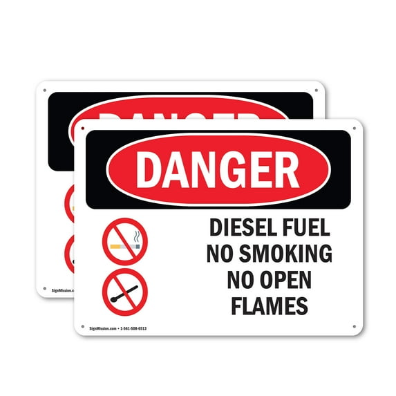 (2 Pack) Diesel Fuel No Smoking No Open Flames OSHA Danger Sign 14 Inch X 10 Inch Plastic Sign, Weather Resistant, UV Protected for Workplace, Business, and Construction Site, Made in