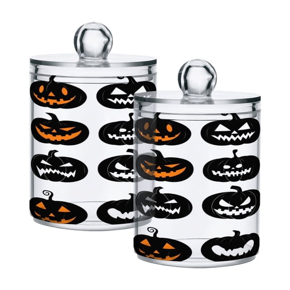 2 Pack Different Pumpkin Face Qtip Holder Dispenser Clear Plastic Storage Apothecary Jars for Cotton Swabs Balls Pads Floss