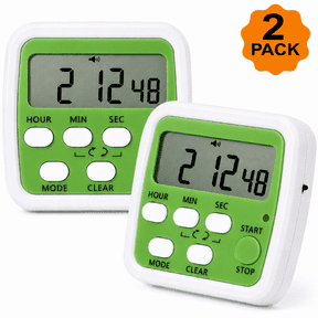 2 Pack Digital Kitchen Timer with Clock, T1/T2 Dual Countdown & Count Up Timer, Magnetic Timer for Cooking, Classroom, Kids, Study & Workout, Large LCD Display, Silent & Beep Reminder