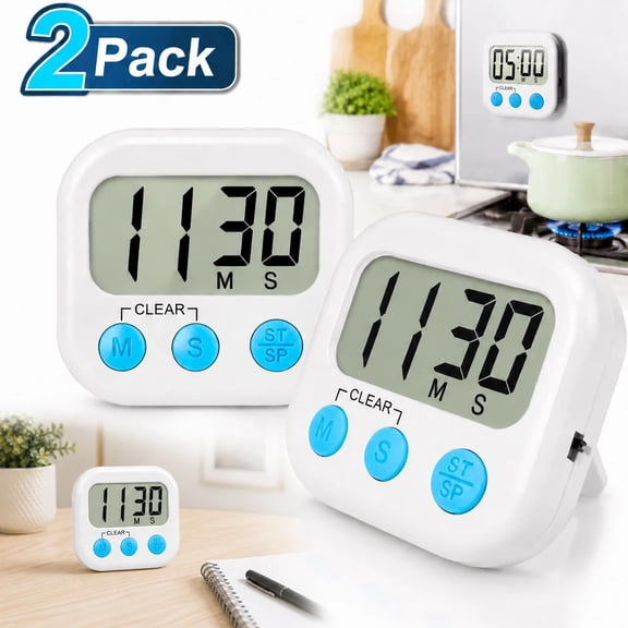 2 Pack Digital Kitchen Timer for Cooking Big Digits Loud Alarm Magnetic Backing Stand Cooking Timers for Baking White