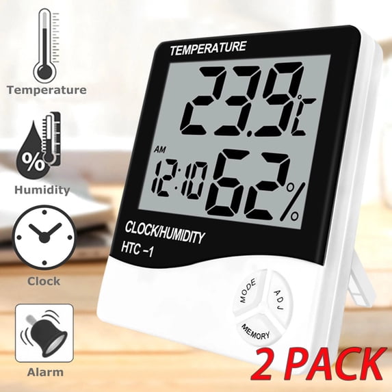2 Pack Digital LCD Hygrometer Thermometer Humidity Temperature Alarm Clock