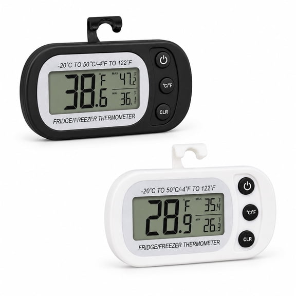 2 Pack Digital Refrigerator Thermometer, Fridge Freezer Thermometer with Large LCD Display, Max Min Record, Magnetic Back, Stand and Hanging Hook, Black White