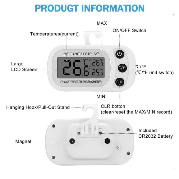 2 Pack Digital Refrigerator Thermometer,Waterproof Refrigerator Thermometer Large LCD,Freezer Room Thermometer with Magnetic Back,No Frills Easy to Read,White
