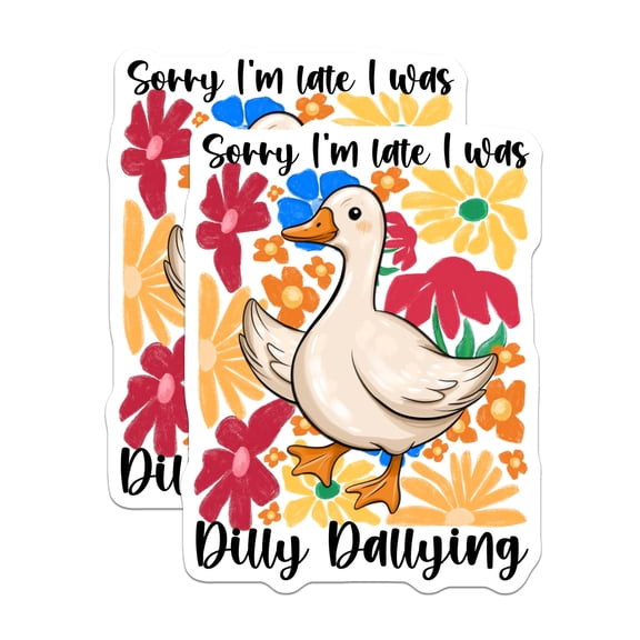 (2 Pack) Dilly Dallying Duck Stickers - Funny Procrastination Quote - Cute Animal Decals - Whimsical Floral Art - 5" On Longest Side - Sticks to Smooth Flat Surfaces - Made in USA - BMCS29476