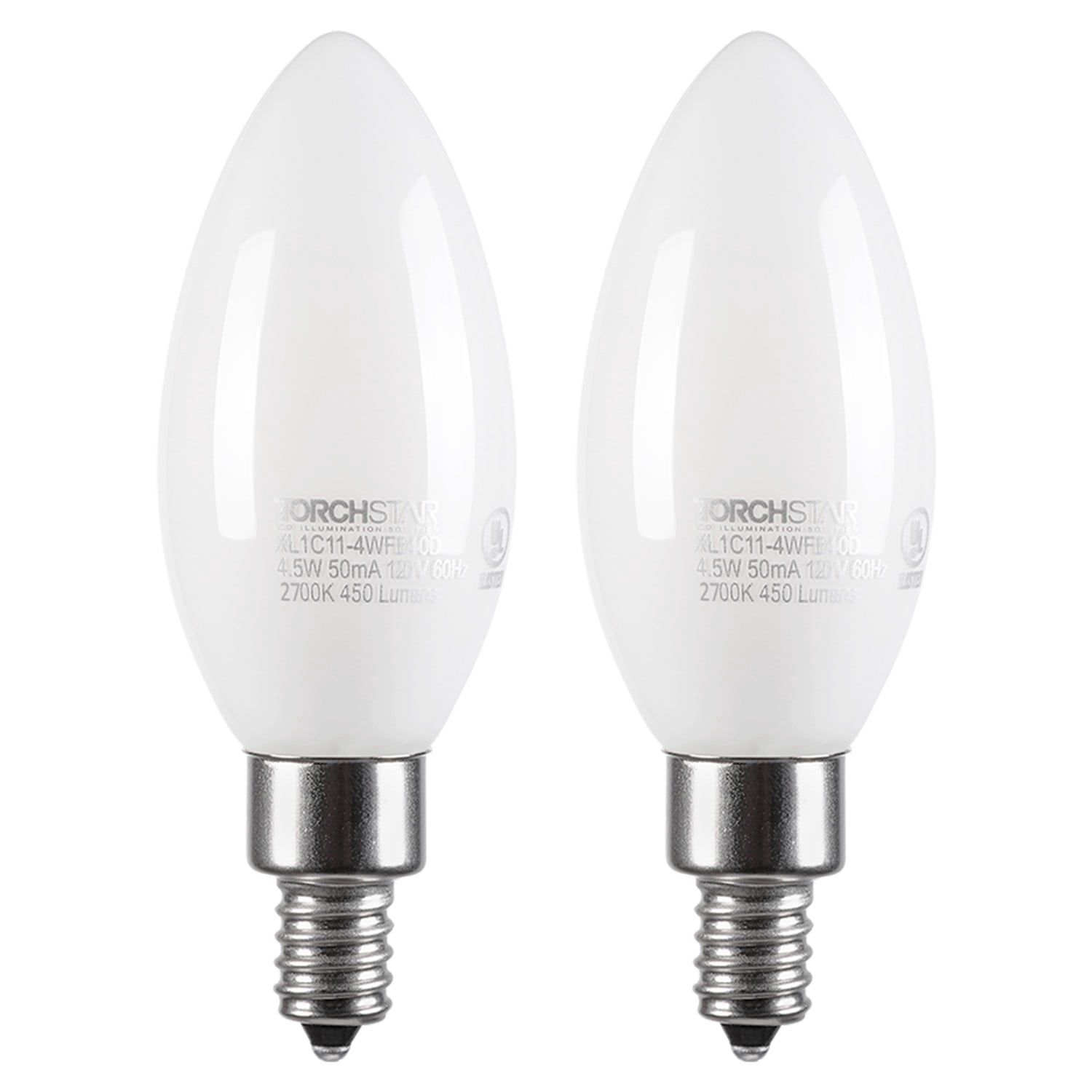 2 Pack Dimmable E12 LED Candelabra Bulb, C11 Milky Chandelier Filament Bulb, Omni Directional, Frosted Glass, 4.5W (40W Eqv.), UL-Listed, 2700K Soft White