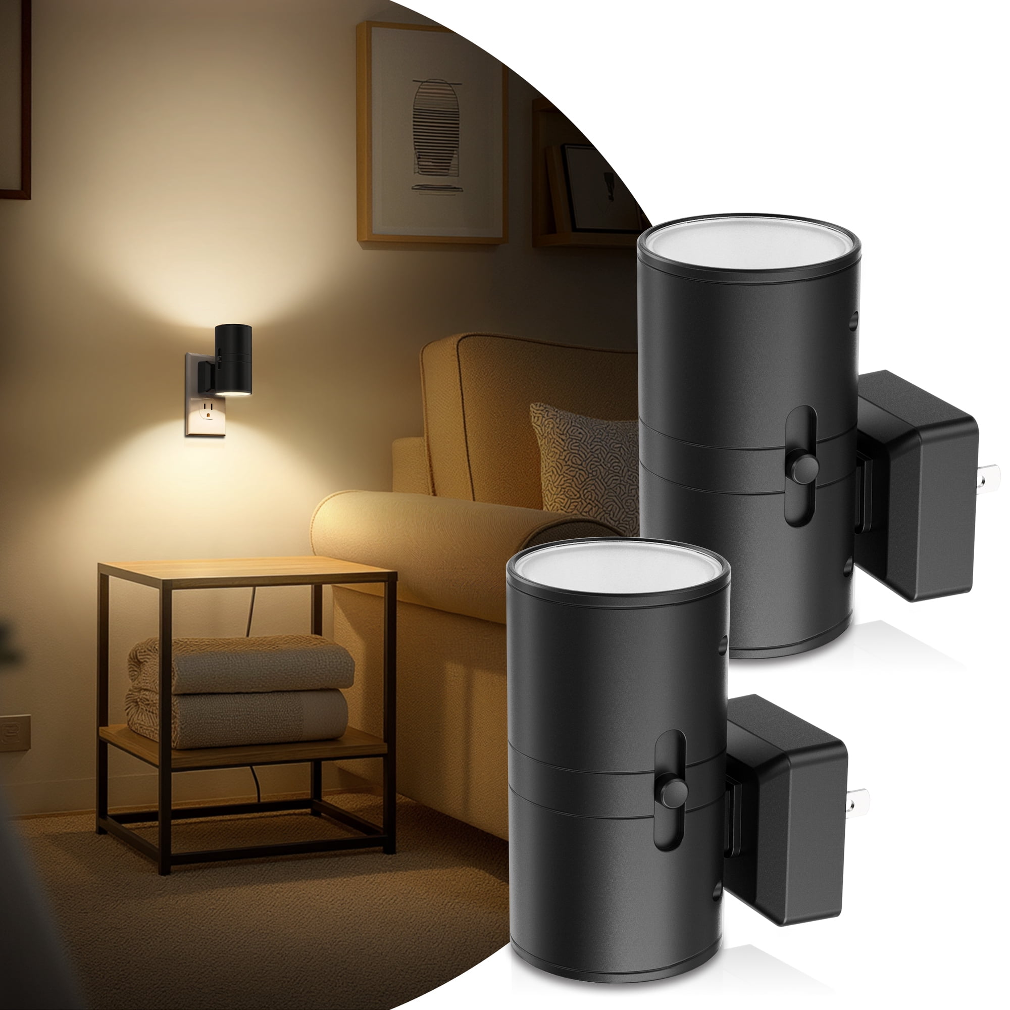 YANSUN 2-Pack Plug-in LED Night Light, Dimmable 3000K Warm White Cylinder Wall Sconce with Slide Switch, Space-Saving Design for Bedroom, Hallway