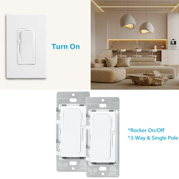 2 Pack Dimmer Switch for LED Bulbs, 3-Way & Single Pole, 200W LED and CFL Compatible, 600W Incandescent, Rocker Switch & Slide Dimmer 120V, White