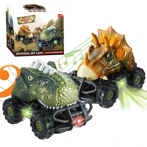 2 Pack Dinosaur Toys Cars, Large Dinosaur Cars with LED Light & Sound, Automatically Change Direction Dinosaur Truck Toys, Dino Toddler Baby Toys Led Cars for Boys Girls Birthday Gifts