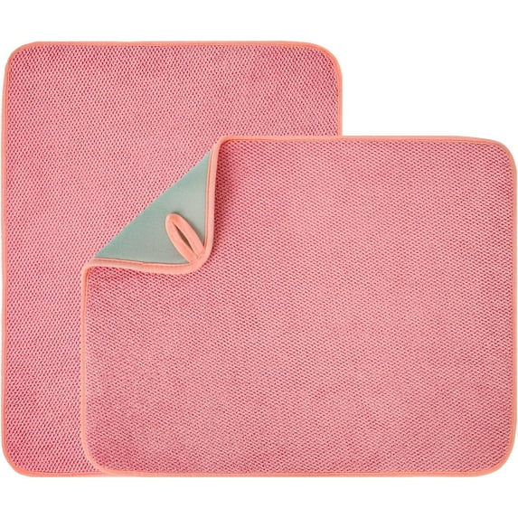 2 Pack Dish Drying Mat, 20 X 15 Inch Ultra Absorbent Microfiber Dishes Drainer Mats, Large Size Dish Drying Pad for Kitchen Counter, Coffee, Rack, Under Sink, Countertops, Pinstripe(Pink)