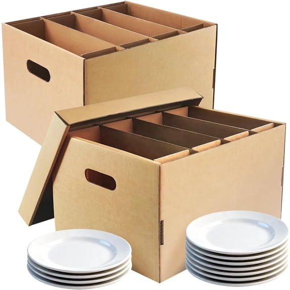2 Pack Dish Moving Boxes with Dividers & Lids, 15 x 12 x 10 Inch Dish Packing Kit, Kitchen Packing/Shipping Boxes with Handle, Corrugated Cardboard Moving Boxes for Secure Glassware & Dish Storage