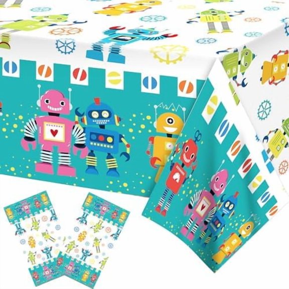 2 Pack Disposable Plastic Tablecloths, Cartoon Robot Tablecloths, 87 x 51 Inch Table Decorations, Children's Holiday Party Decoration Table Cover