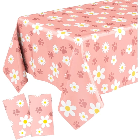2-Pack Disposable Plastic Tablecloths For Pet Dog Birthday Party Decorations Pink Rectangle Paw Print And Daisy Flower Design 108 X 54 Inch