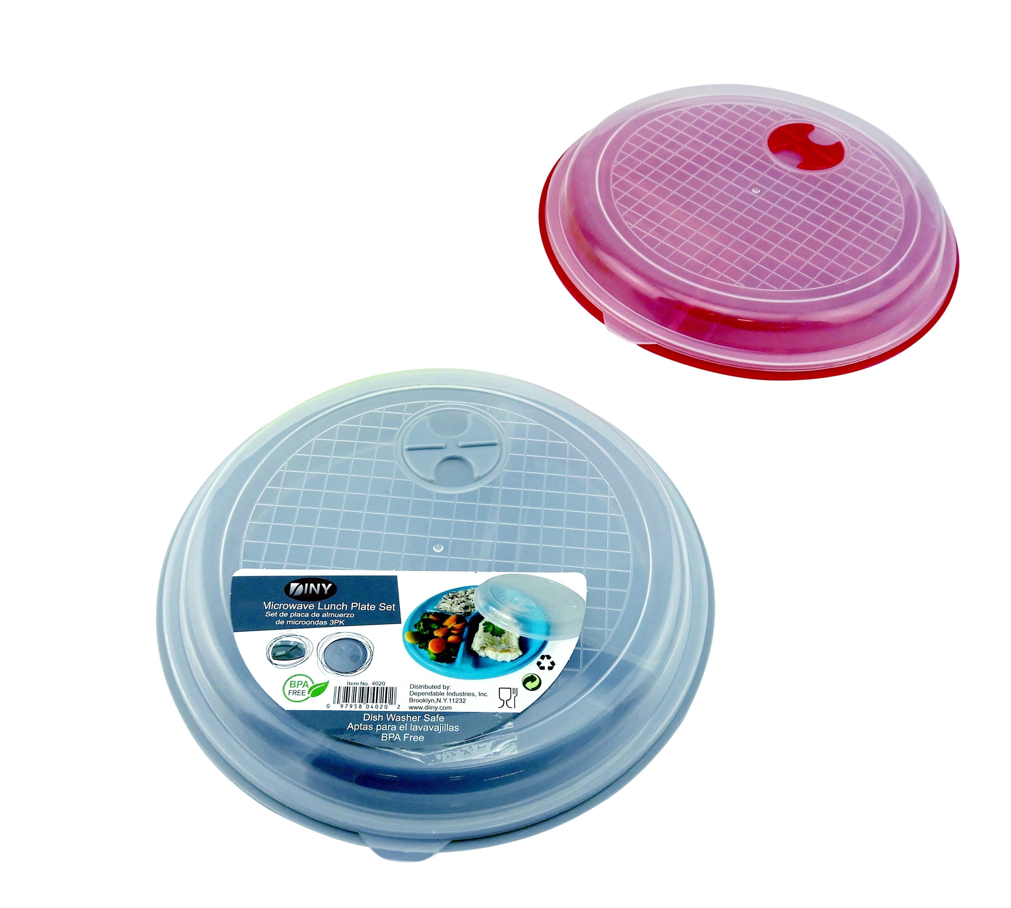 2 Pack Divided Microwave Portion Plate Vented Lids Lunch Dinner Diet Plastic Random Colors