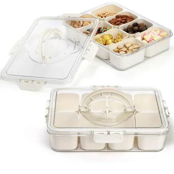2 Pack Divided Serving Tray with Lid and Handle, 8 Compartment Sealed Serving Tackle Box, Portable Food Storage Containers for Candy, Fruits, Nuts, Snacks, Party, Entertaining