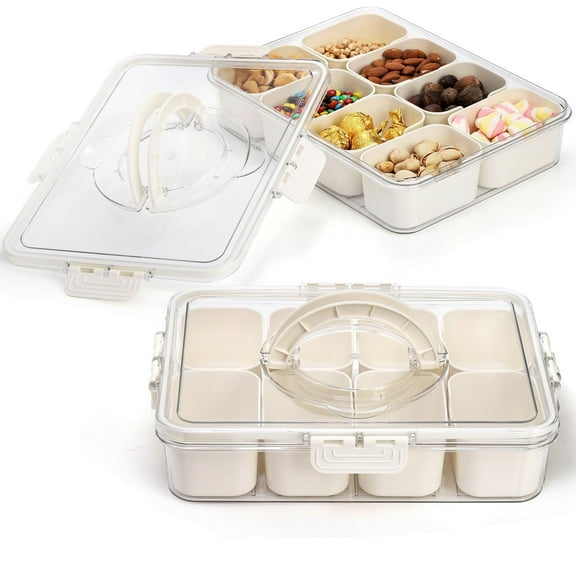 2 Pack Divided Serving Tray with Lid and Handle, 8 Compartment Sealed Serving Tackle Box, Portable Food Storage Containers for Candy, Fruits, Nuts, Snacks, Party, Entertaining