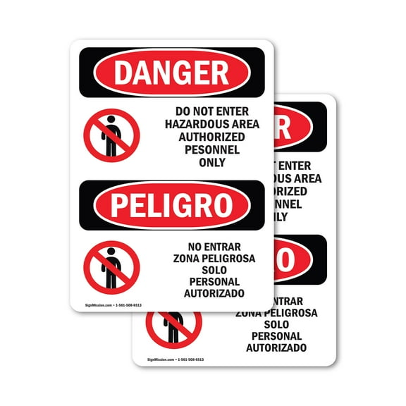 (2 Pack) Do Not Enter Hazardous Area Bilingual OSHA Danger Sign