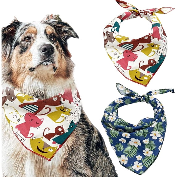 2 Pack Dog Bandanas Set Christmas Holiday Birthday Floral Plaid Fall Pet Dogs Cat Cotton Bandana Scarf Bibs Kerchief Buffalo Decorations Accessories Girl Boy Small Medium Large Size