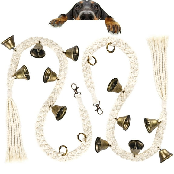 2 Pack Dog Bells for Door Potty Training, Handwoven Cotton Rope Dog Doorbell with 6 Extra Loud Bells, Adjustable Dog Door Bells for Small Medium Large Dogs to Ring to Go Outside, Beige